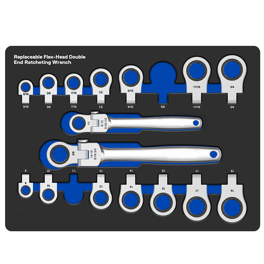 18PC REPLACEABLE FLEX-HEAD BOX END RATCHET SPANNERS
